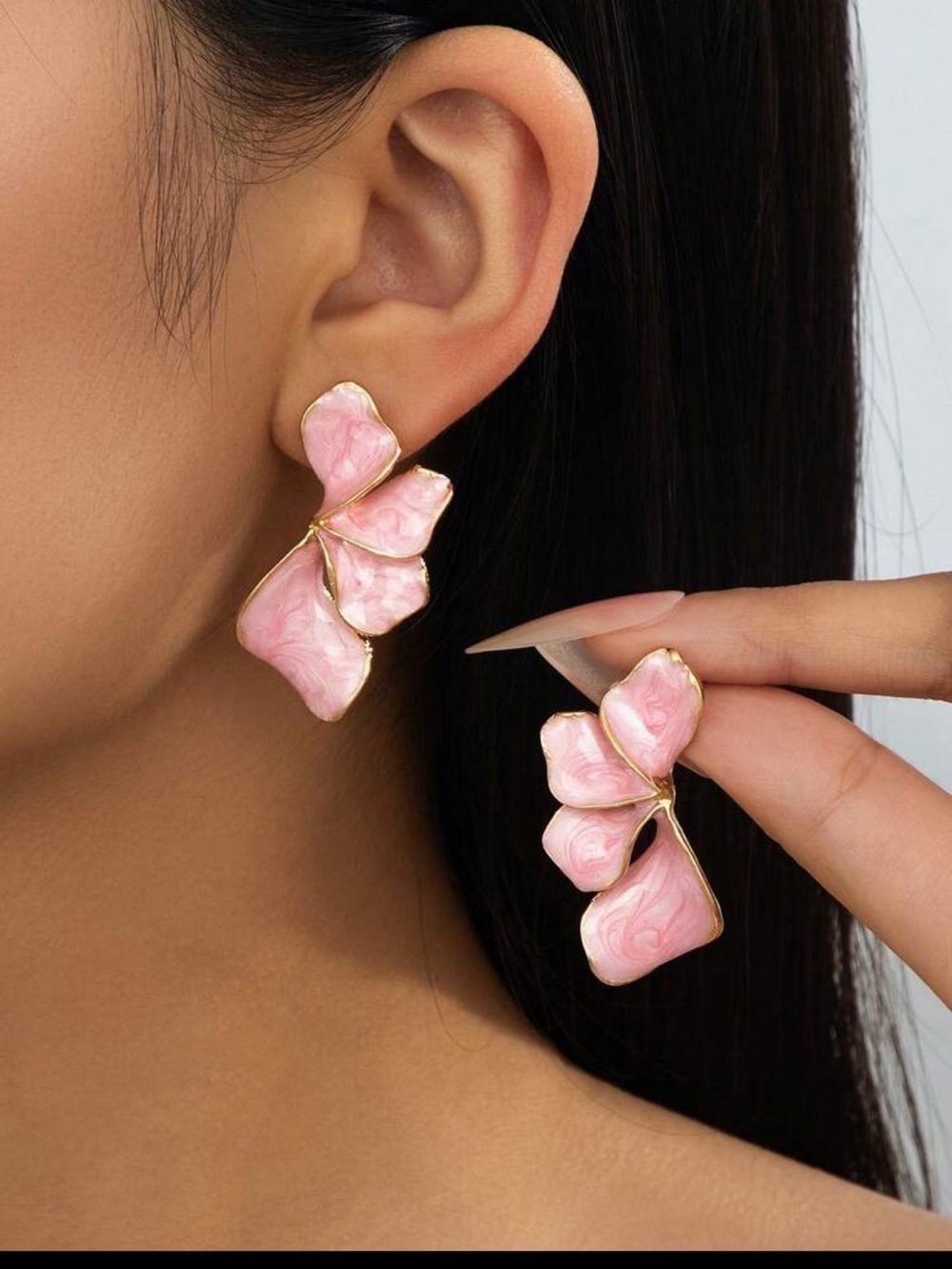 Elegant Pink Petal Drop Earrings with Gold Trim